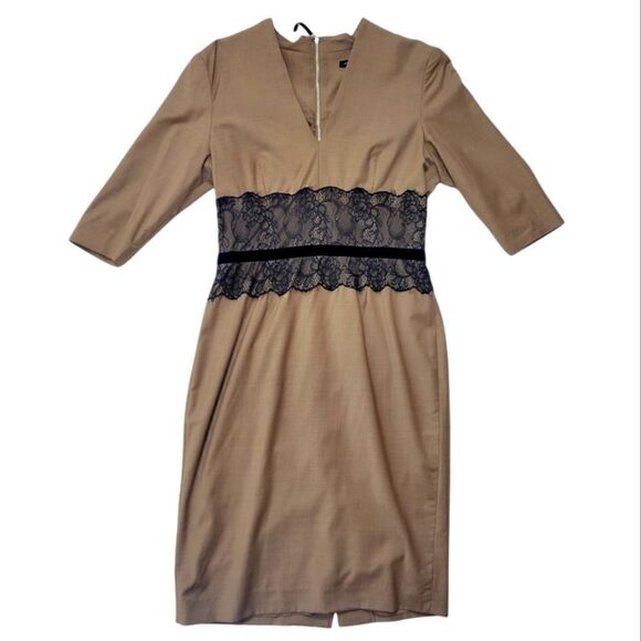 Sandra Angelozzi Taupe Dress with Black Lace Waist - Picture 1 of 13